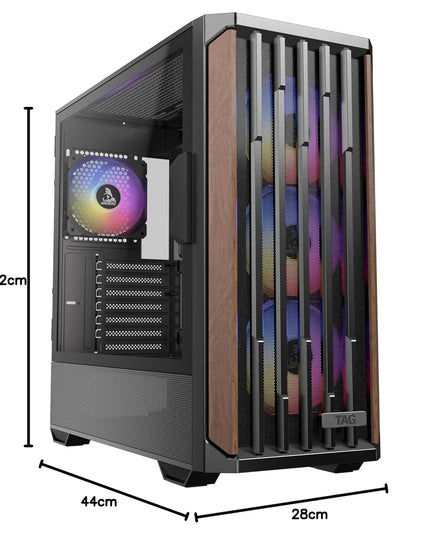TAG Gamerz Stellar Alpha Mid Tower Computer Case/Gaming PC Cabinet, Mesh Front With Walnut Wood Accent, 4x 120mm Pre-Installed ARGB Fans, Supports ATX, M-ATX, ITX, 360mm Radiator, Thick Tempered Glass