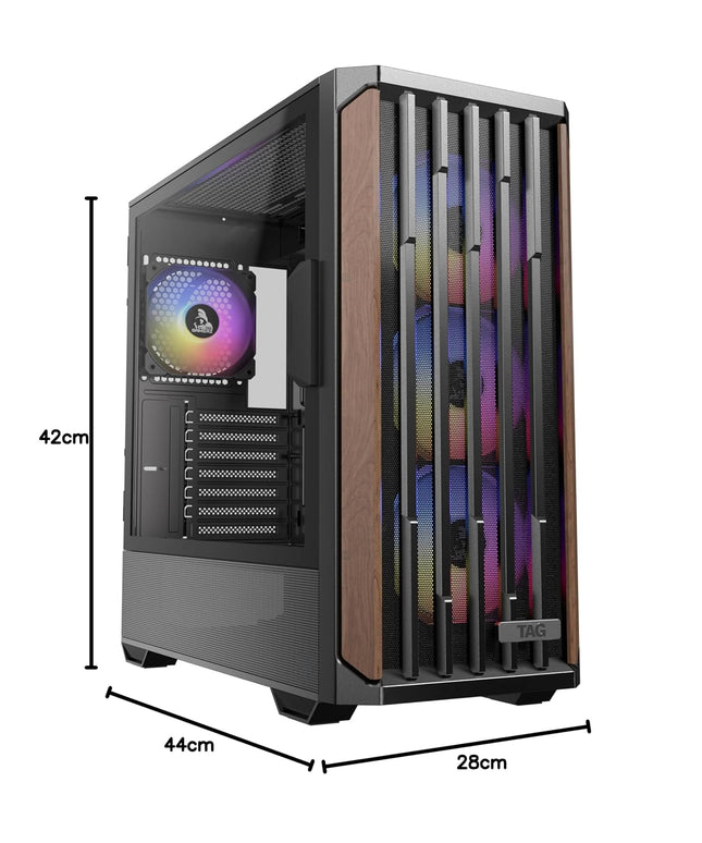 TAG Gamerz Stellar Alpha Mid Tower Computer Case/Gaming PC Cabinet, Mesh Front With Walnut Wood Accent, 4x 120mm Pre-Installed ARGB Fans, Supports ATX, M-ATX, ITX, 360mm Radiator, Thick Tempered Glass