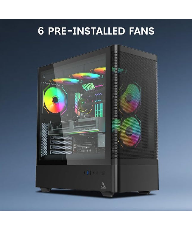 TAG Gamerz Aurora-M Mid-Tower Gaming Cabinet ATX/M-ATX/ITX | 6 Pre-Installed ARGB Infinity Mirror Fans | Mesh Front, 4mm Tempered Glass | 360mm Liquid Cooler Support | USB Type-C 3.2 Gen 2 | Black