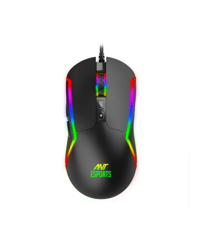 Ant Esports GM330 RGB Optical Wired Gaming Mouse - Black, Multicolor Backlit Lighting, 12800 DPI Optical Sensor with Software, Light Weight and Flexible Braided Cable