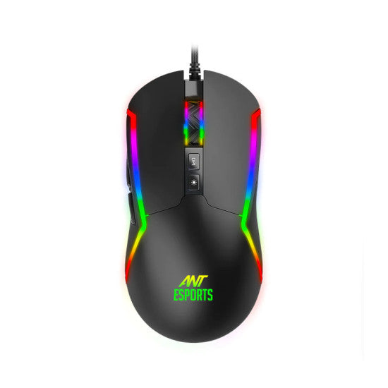 Ant Esports GM330 RGB Optical Wired Gaming Mouse - Black, Multicolor Backlit Lighting, 12800 DPI Optical Sensor with Software, Light Weight and Flexible Braided Cable