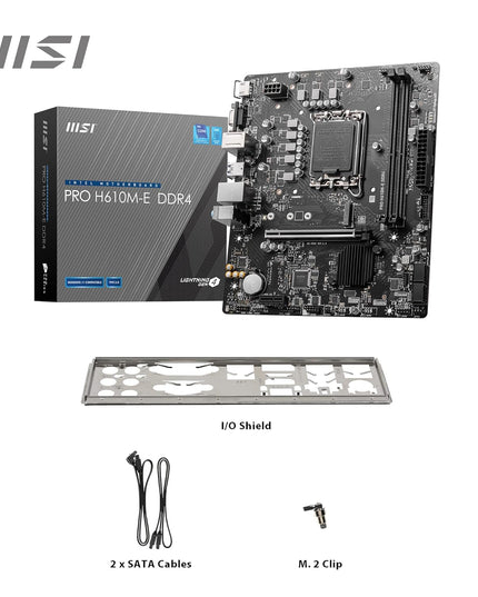 MSI PRO H610M-E DDR4 Motherboard, Micro-ATX - Supports 14th/13th/12th Gen Intel Core Processors, LGA 1700-2 x DIMMs (3200MHz), 1x PCIe 4.0 x16 Slot, 1 x M.2 Gen3, USB 3.2 Gen1, 1G LAN, HDMI 1.4 & VGA