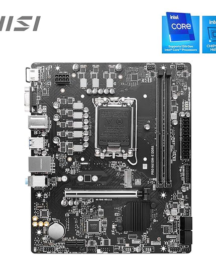 MSI PRO H610M-E DDR4 Motherboard, Micro-ATX - Supports 14th/13th/12th Gen Intel Core Processors, LGA 1700-2 x DIMMs (3200MHz), 1x PCIe 4.0 x16 Slot, 1 x M.2 Gen3, USB 3.2 Gen1, 1G LAN, HDMI 1.4 & VGA