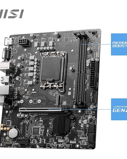 MSI PRO H610M-E DDR4 Motherboard, Micro-ATX - Supports 14th/13th/12th Gen Intel Core Processors, LGA 1700-2 x DIMMs (3200MHz), 1x PCIe 4.0 x16 Slot, 1 x M.2 Gen3, USB 3.2 Gen1, 1G LAN, HDMI 1.4 & VGA