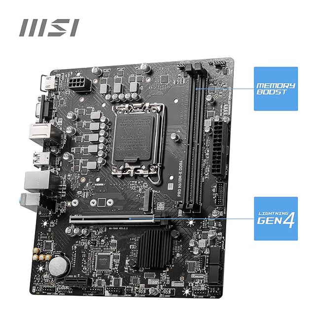 MSI PRO H610M-E DDR4 Motherboard, Micro-ATX - Supports 14th/13th/12th Gen Intel Core Processors, LGA 1700-2 x DIMMs (3200MHz), 1x PCIe 4.0 x16 Slot, 1 x M.2 Gen3, USB 3.2 Gen1, 1G LAN, HDMI 1.4 & VGA
