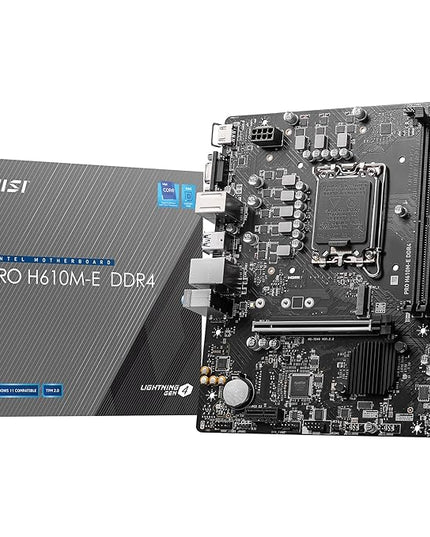 MSI PRO H610M-E DDR4 Motherboard, Micro-ATX - Supports 14th/13th/12th Gen Intel Core Processors, LGA 1700-2 x DIMMs (3200MHz), 1x PCIe 4.0 x16 Slot, 1 x M.2 Gen3, USB 3.2 Gen1, 1G LAN, HDMI 1.4 & VGA