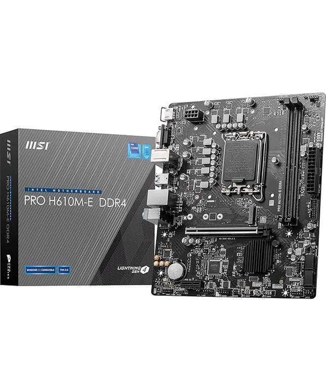 MSI PRO H610M-E DDR4 Motherboard, Micro-ATX - Supports 14th/13th/12th Gen Intel Core Processors, LGA 1700-2 x DIMMs (3200MHz), 1x PCIe 4.0 x16 Slot, 1 x M.2 Gen3, USB 3.2 Gen1, 1G LAN, HDMI 1.4 & VGA