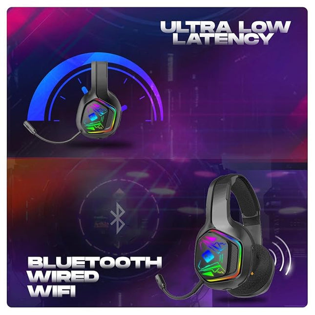 Cosmic Byte Immortal 2.4Ghz Wireless + Bluetooth + Wired Headphone, 20ms Latency, 40Hrs Battery Life, 50mm Driver, RGB LED, Fabric Cushions, Detachable ENC Microphone (Black