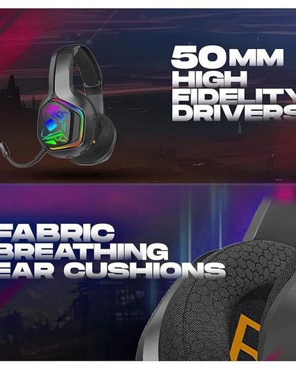 Cosmic Byte Immortal 2.4Ghz Wireless + Bluetooth + Wired Headphone, 20ms Latency, 40Hrs Battery Life, 50mm Driver, RGB LED, Fabric Cushions, Detachable ENC Microphone (Black