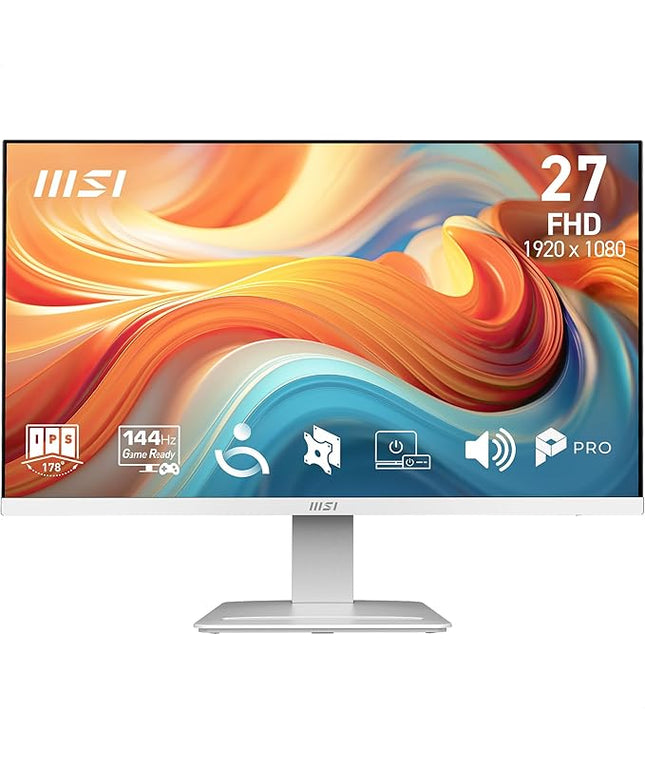 MSI PRO MP273W E14A 27-Inch FHD Computer Monitor, 1920x1080 IPS, 144Hz, 1ms, HDR Ready, Adaptive-sync, Eye Care, Built-in Speaker, HDMI 2.0, DP 1.2a, Frameless, Tilt Adjustable, Vesa Mount, White