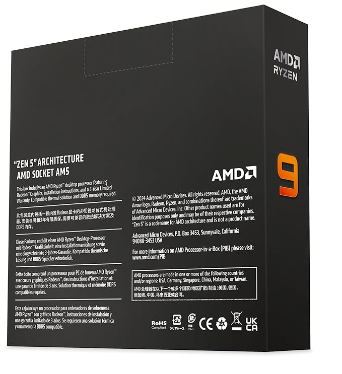 AMD Ryzen 9 9950X Desktop Processor Zen 5 Architecture with Integrated Radeon Graphics, 16 cores 32 Threads 64MB Cache, Base Clock 4.3GHz Upto 5.7GHz AM5 Socket, System Memory DDR5-100-100001277WOF