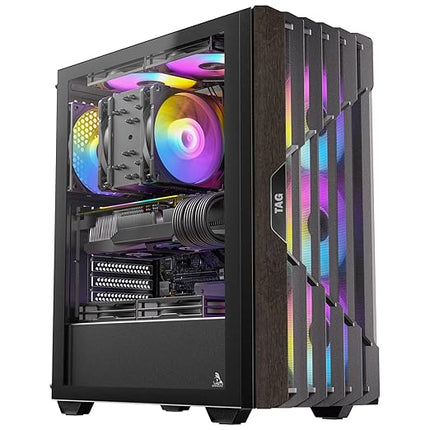 TAG Gamerz Stellar Elite Mid Tower Computer Case/Gaming PC Cabinet, Mesh Front with Oak Wood Accents, 4X 120mm Pre-Installed ARGB Fans, Supports ATX, M-ATX, ITX, 360mm Radiator, Thick Tempered Glass