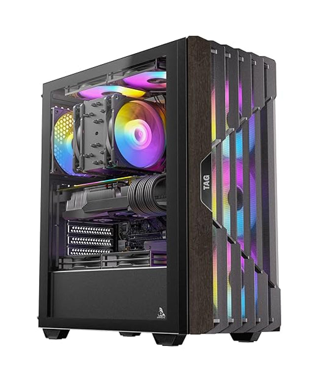 TAG Gamerz Stellar Elite Mid Tower Computer Case/Gaming PC Cabinet, Mesh Front with Oak Wood Accents, 4X 120mm Pre-Installed ARGB Fans, Supports ATX, M-ATX, ITX, 360mm Radiator, Thick Tempered Glass