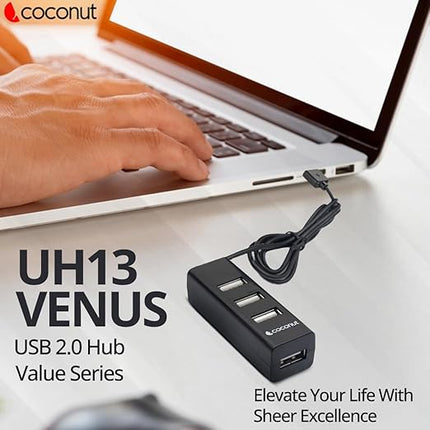 Coconut UH13 Venus USB Hub, 2.0 4 Ports, Pocket Sized, Plug, for Laptop & Computers