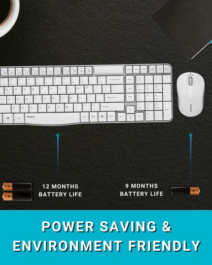 Rapoo X1800S 2.4GHz Wireless Optical Keyboard and Mouse Set, 10 Meter Transmission Range, Spill-Resistant Design, 1000 DPI Mouse, Fn Keys, 12 Multimedia Functions, 3 Years Warranty - White