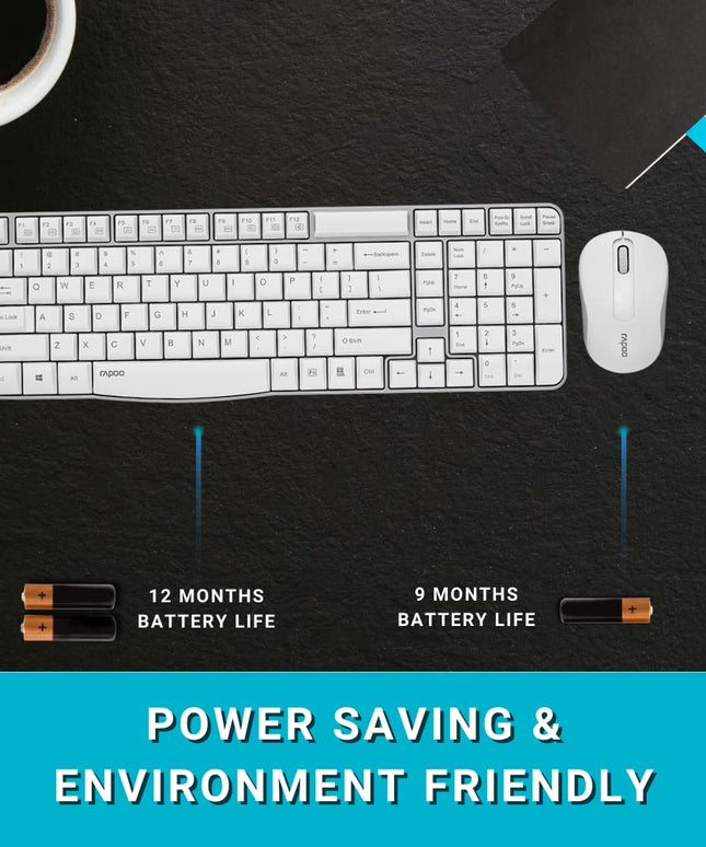 Rapoo X1800S 2.4GHz Wireless Optical Keyboard and Mouse Set, 10 Meter Transmission Range, Spill-Resistant Design, 1000 DPI Mouse, Fn Keys, 12 Multimedia Functions, 3 Years Warranty - White