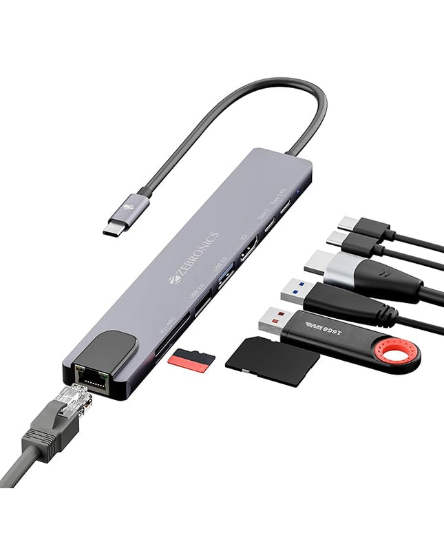 ZEBRONICS CT81 (8 in 1) Multiport HUB, 4K HDMI, 100 Watts PD Charging, USB 3.0, 2X Type C, 2X USB, SD, mSD, RJ45, Compact Metal Design, LED Indicator, Multi OS Compatible